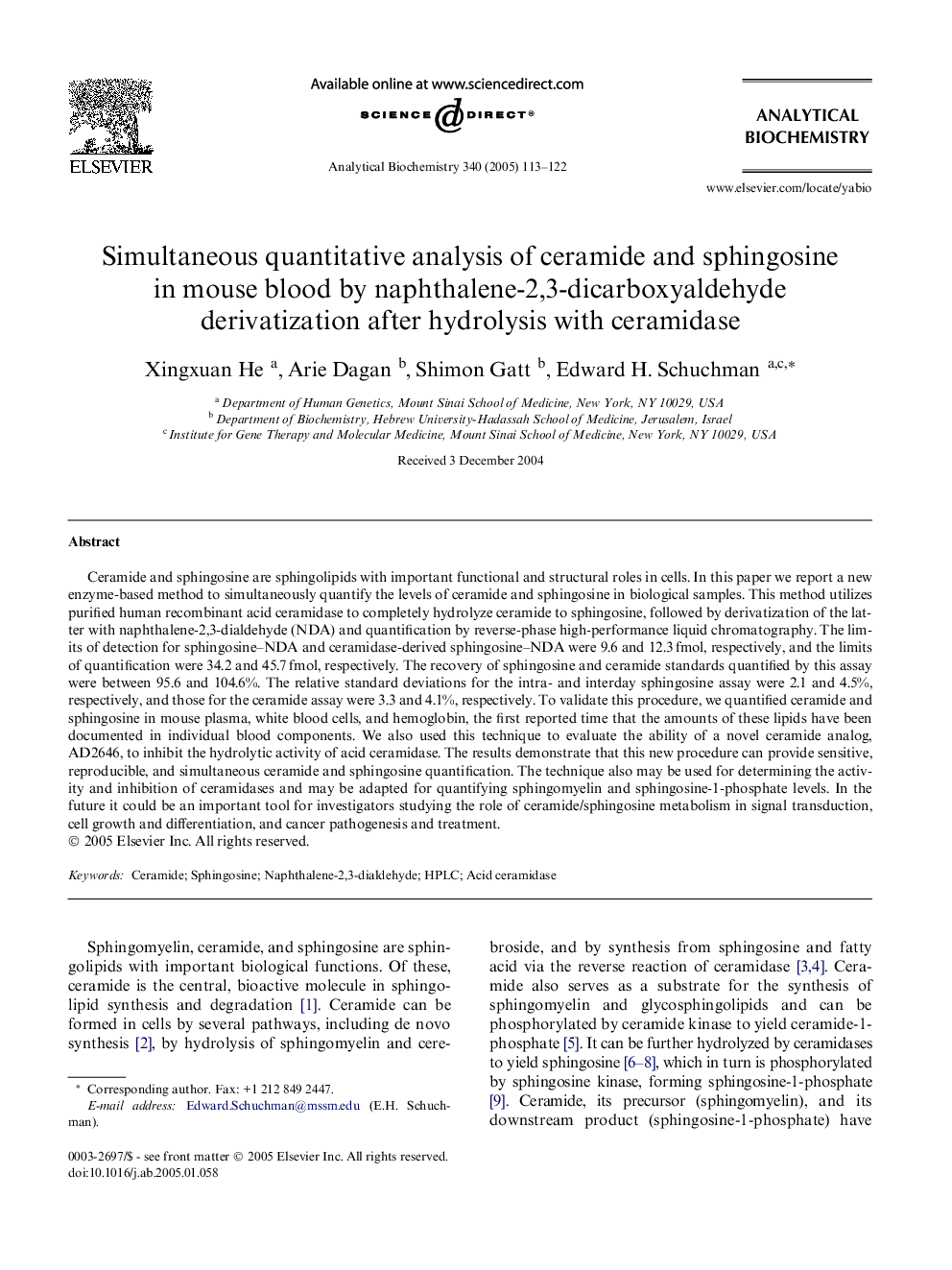 Simultaneous quantitative analysis of ceramide and sphingosine in mouse blood by naphthalene-2,3-dicarboxyaldehyde derivatization after hydrolysis with ceramidase