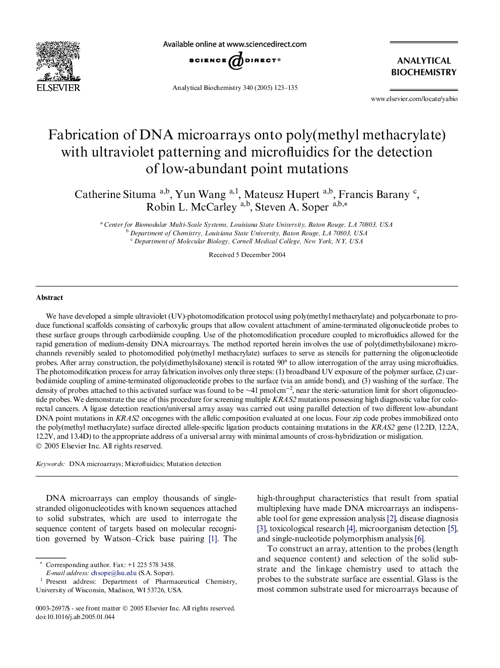 Fabrication of DNA microarrays onto poly(methyl methacrylate) with ultraviolet patterning and microfluidics for the detection of low-abundant point mutations