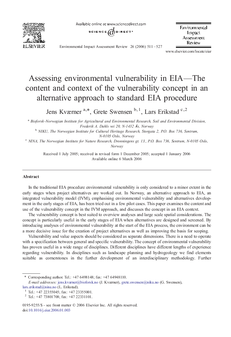 Assessing environmental vulnerability in EIA-The content and context of the vulnerability concept in an alternative approach to standard EIA procedure