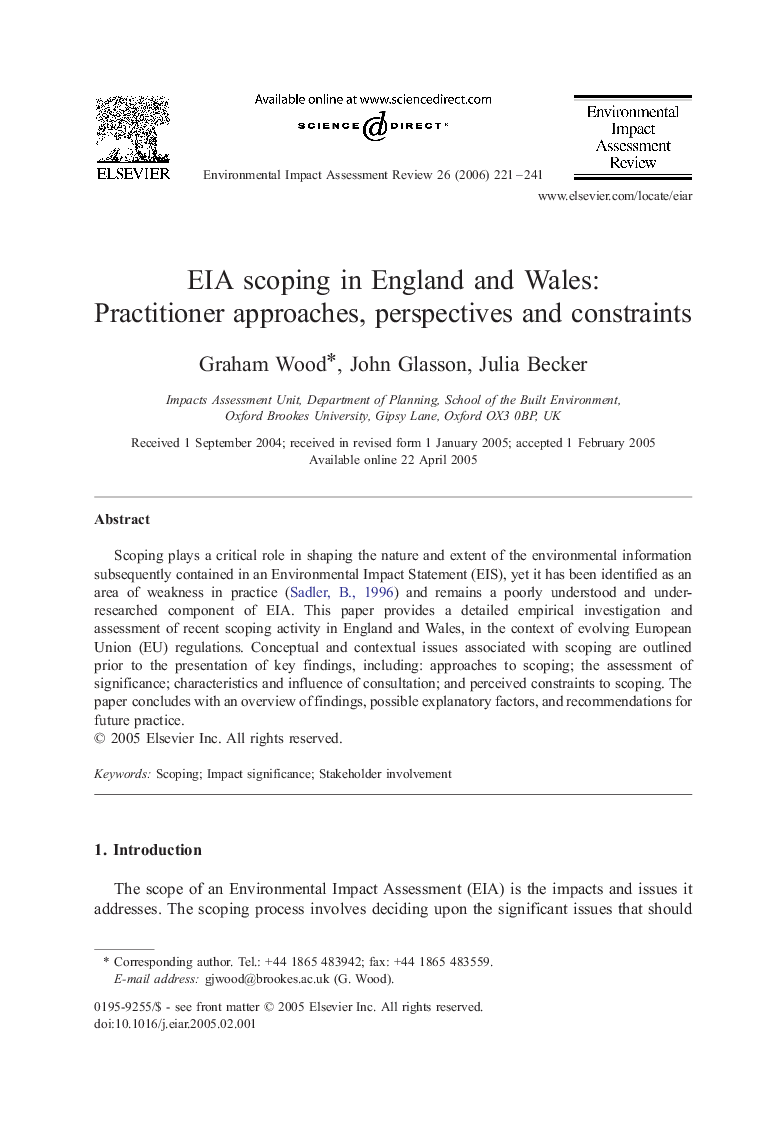 EIA scoping in England and Wales: Practitioner approaches, perspectives and constraints