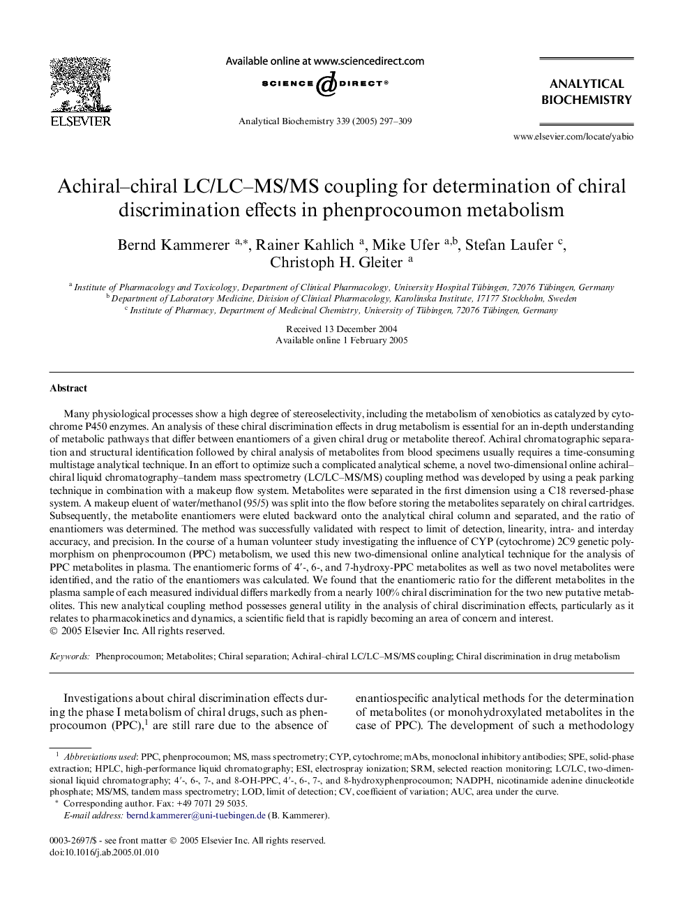 Achiral-chiral LC/LC-MS/MS coupling for determination of chiral discrimination effects in phenprocoumon metabolism