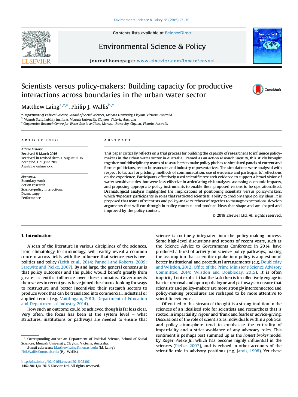 Scientists versus policy-makers: Building capacity for productive interactions across boundaries in the urban water sector