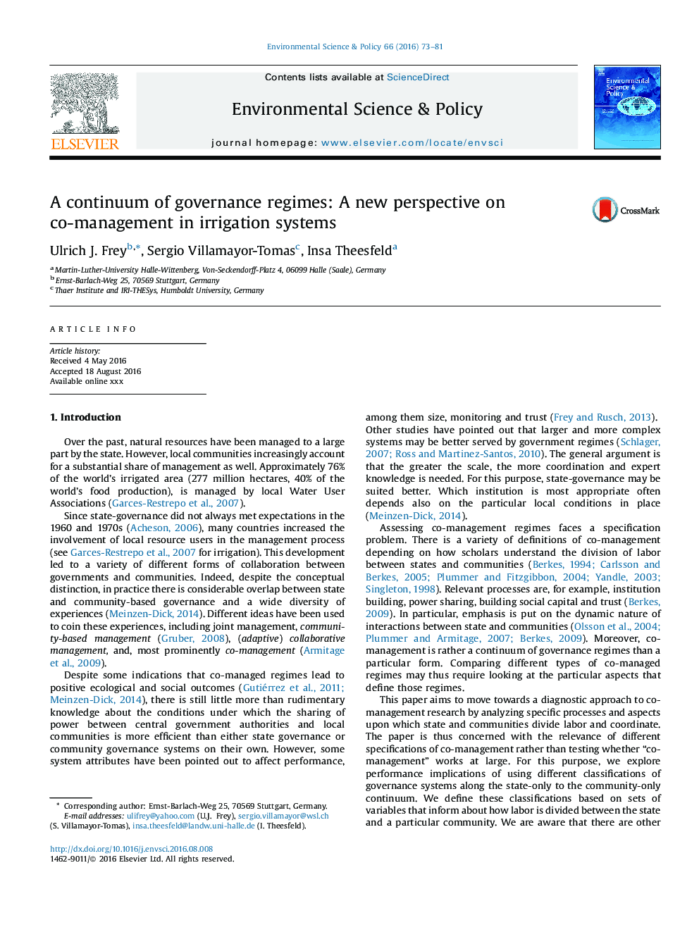 A continuum of governance regimes: A new perspective on co-management in irrigation systems