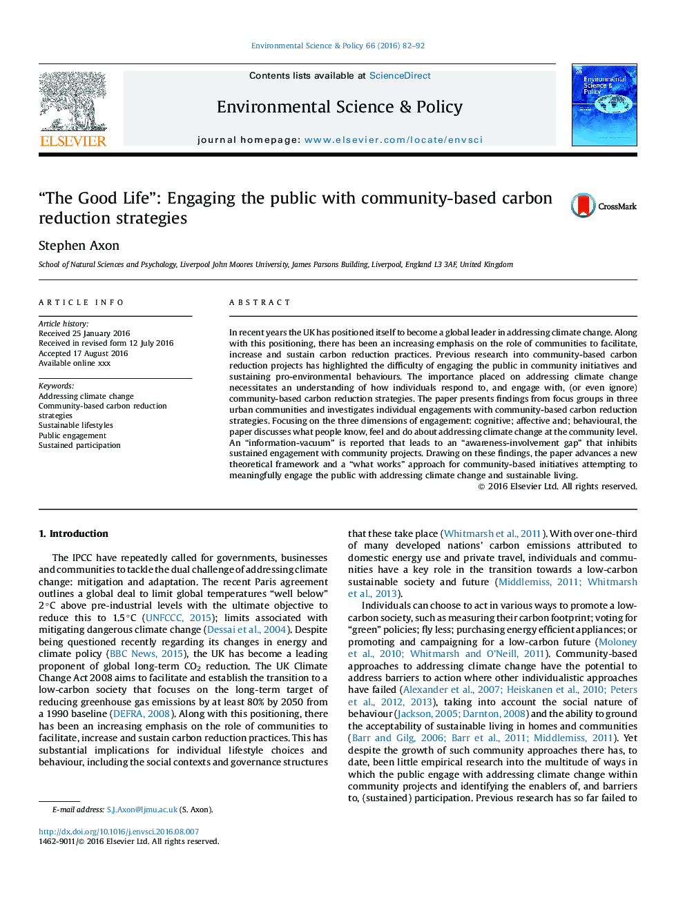 “The Good Life”: Engaging the public with community-based carbon reduction strategies