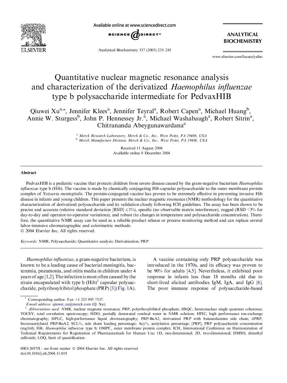 Quantitative nuclear magnetic resonance analysis and characterization of the derivatized Haemophilus influenzae type b polysaccharide intermediate for PedvaxHIB