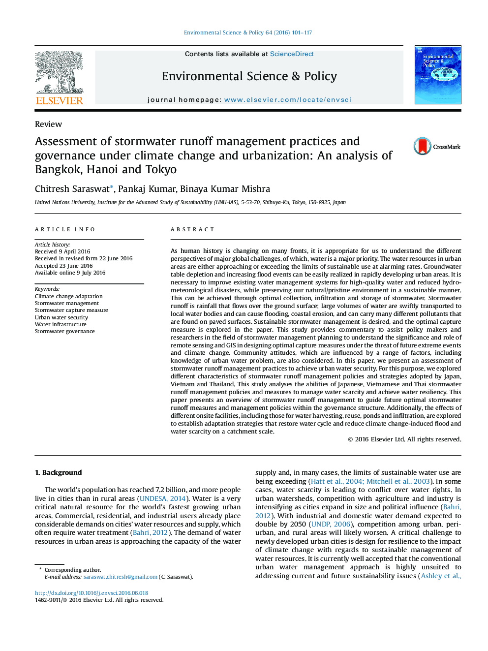 Assessment of stormwater runoff management practices and governance under climate change and urbanization: An analysis of Bangkok, Hanoi and Tokyo