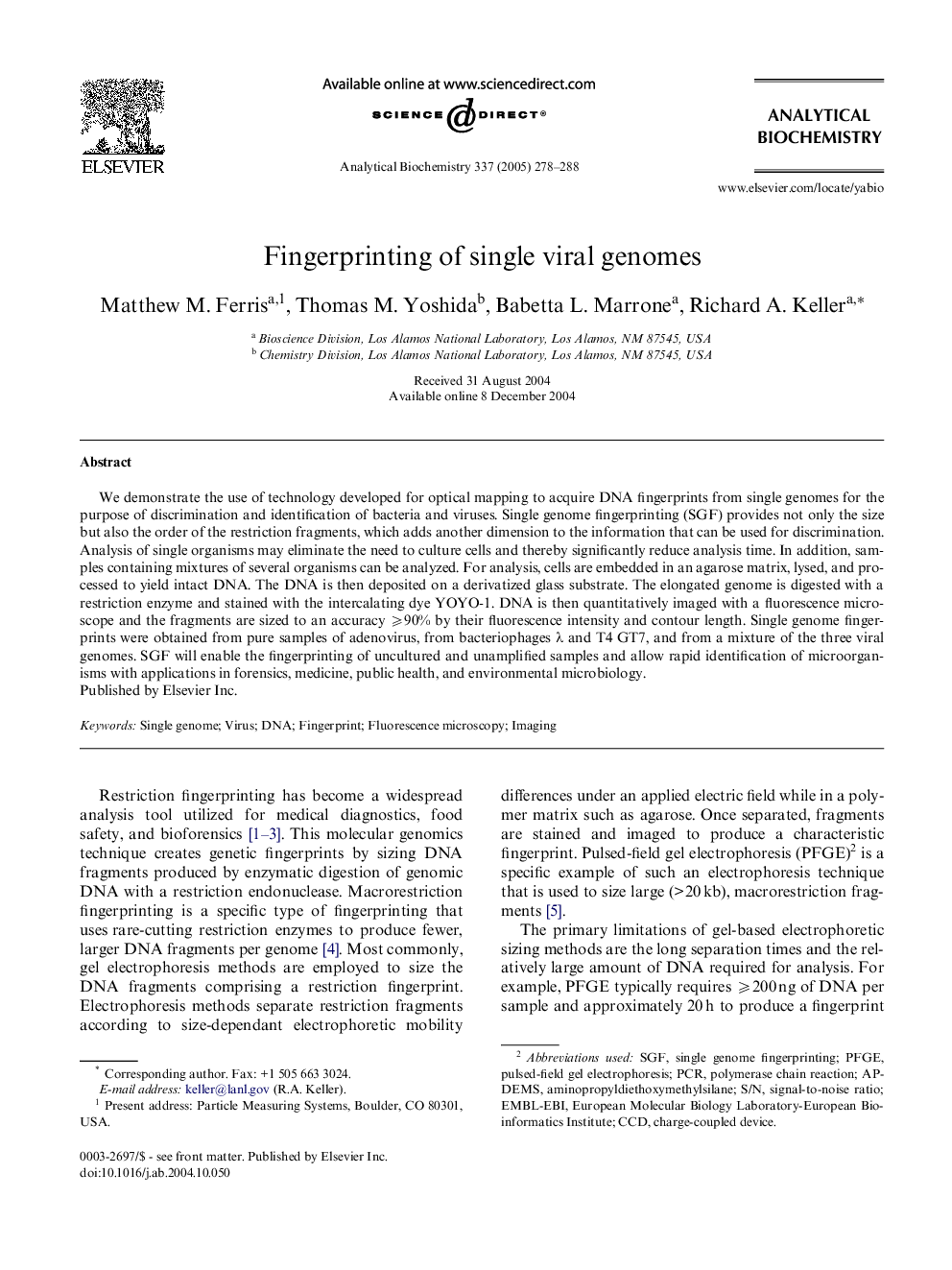 Fingerprinting of single viral genomes