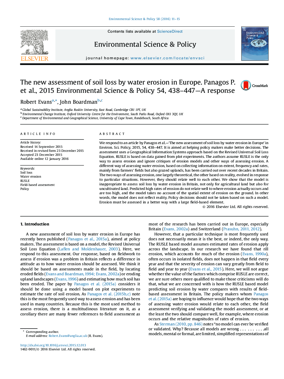 ارزیابی جدید از دست دادن خاک با فرسایش آب در اروپا؛ پاسخ Panagos ص و همکاران، 2015 علوم محیط زیست و سیاست 54، 438-447-A 