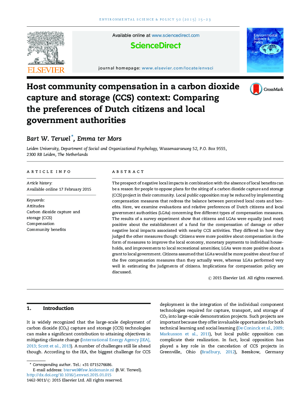 Host community compensation in a carbon dioxide capture and storage (CCS) context: Comparing the preferences of Dutch citizens and local government authorities