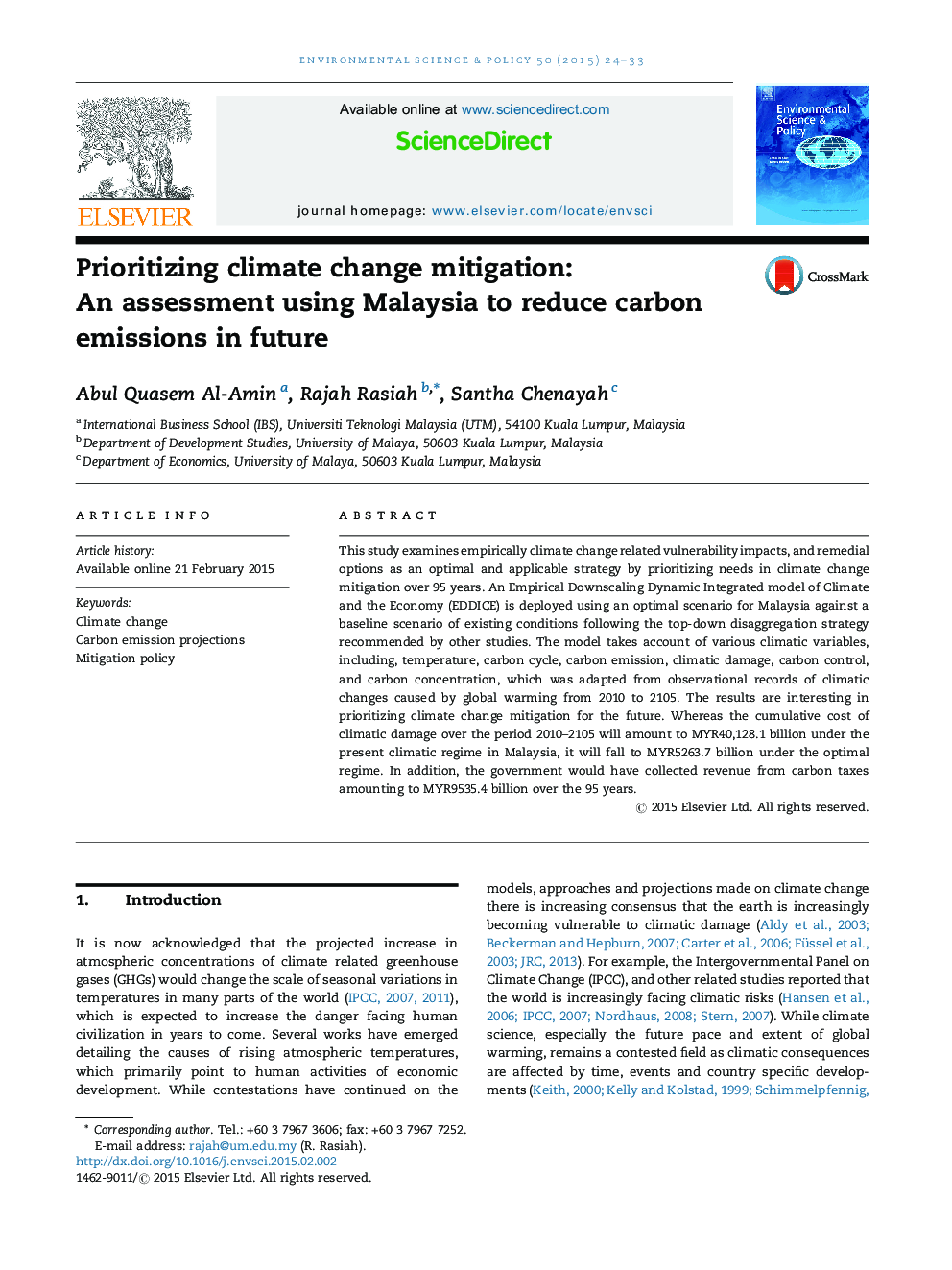 Prioritizing climate change mitigation: An assessment using Malaysia to reduce carbon emissions in future