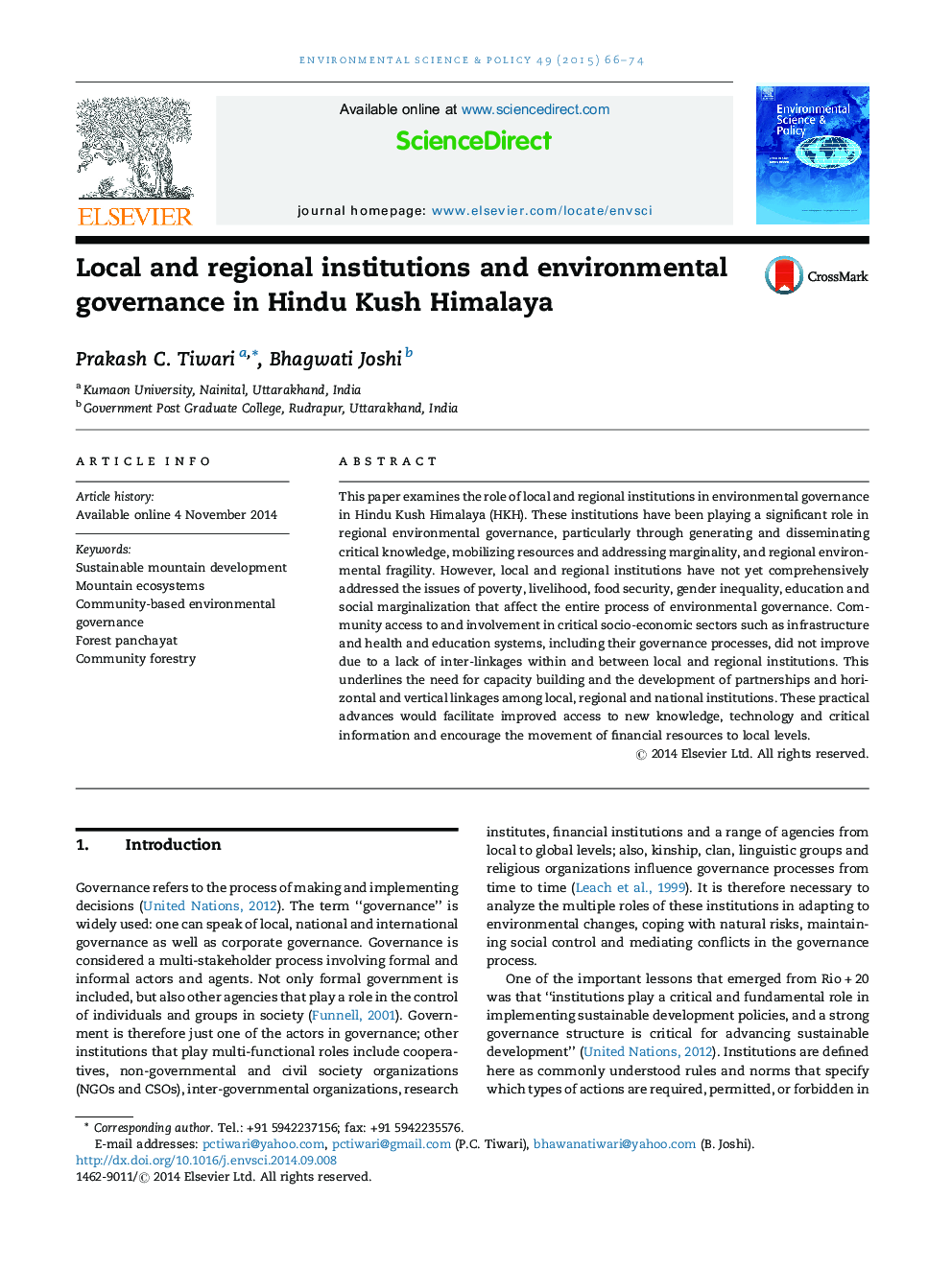 Local and regional institutions and environmental governance in Hindu Kush Himalaya