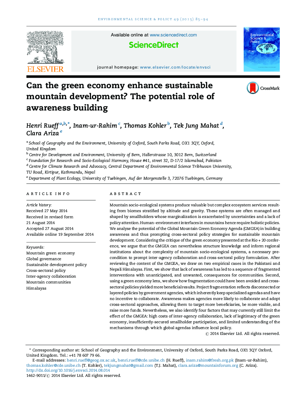 Can the green economy enhance sustainable mountain development? The potential role of awareness building