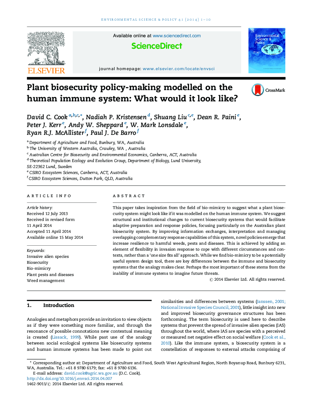 Plant biosecurity policy-making modelled on the human immune system: What would it look like?