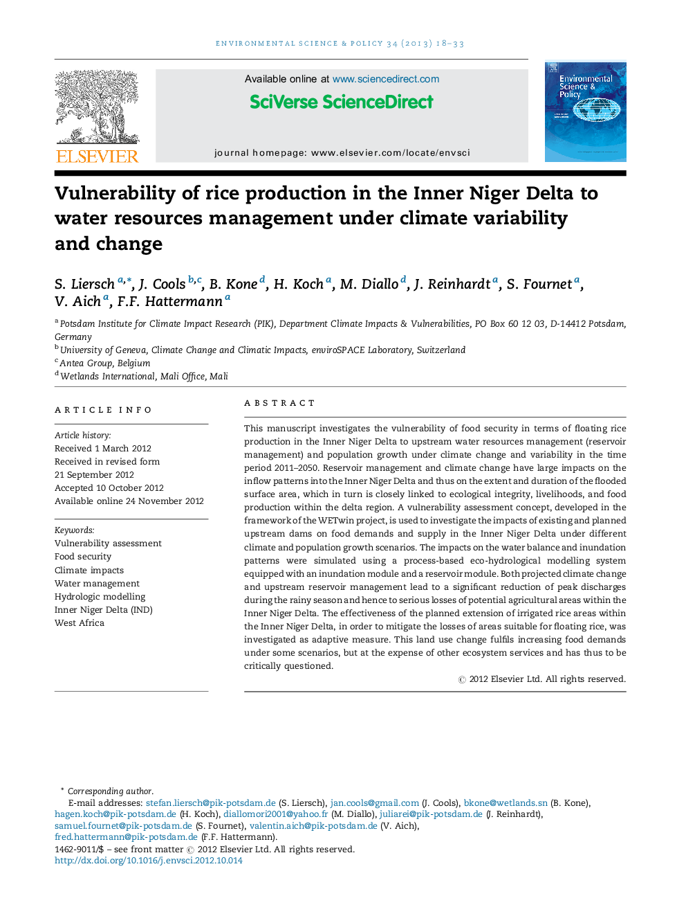 Vulnerability of rice production in the Inner Niger Delta to water resources management under climate variability and change