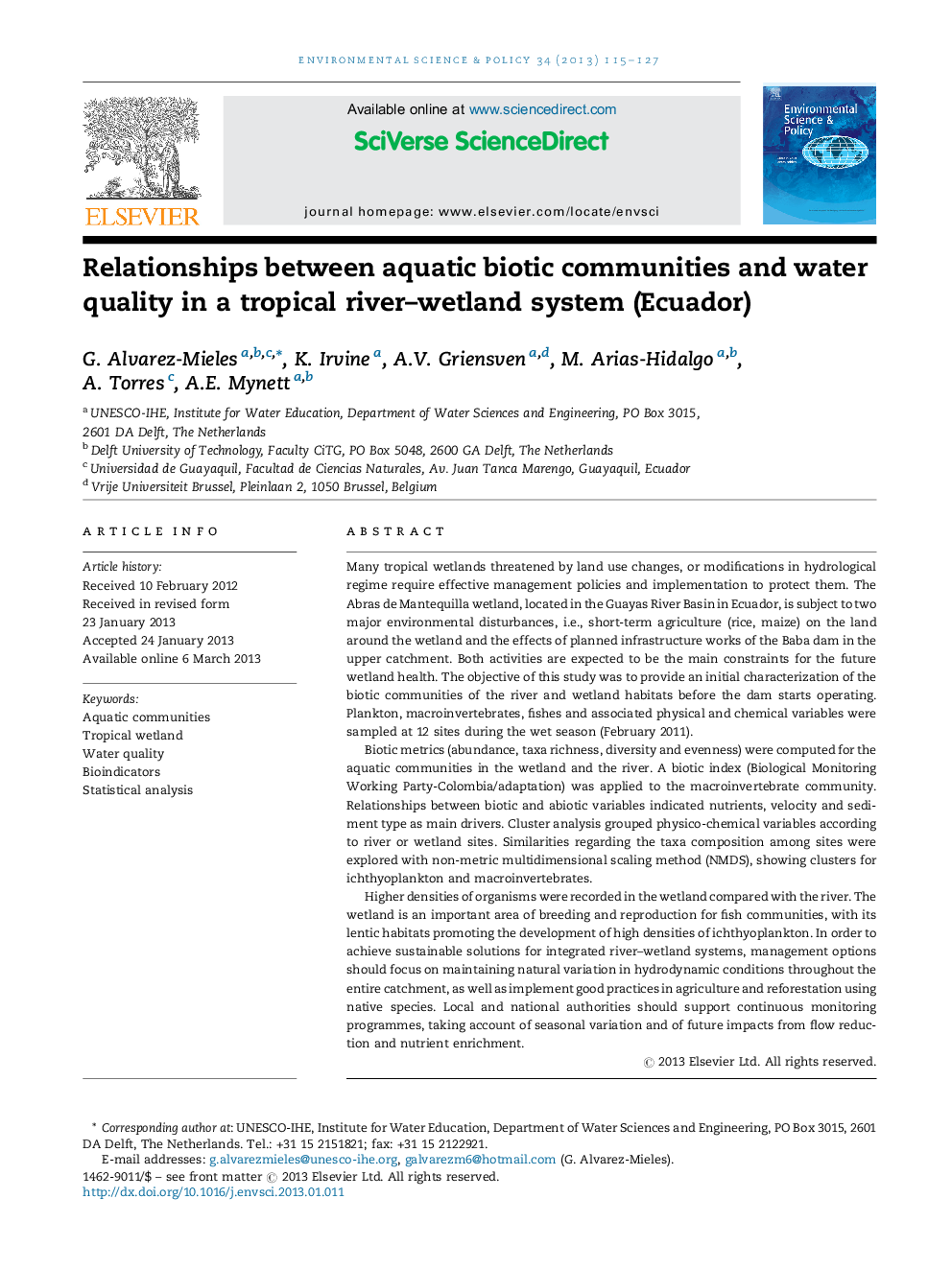 Relationships between aquatic biotic communities and water quality in a tropical river–wetland system (Ecuador)