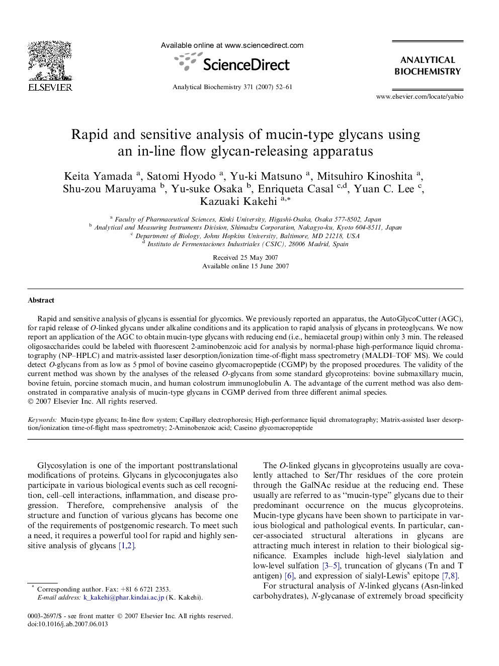 Rapid and sensitive analysis of mucin-type glycans using an in-line flow glycan-releasing apparatus