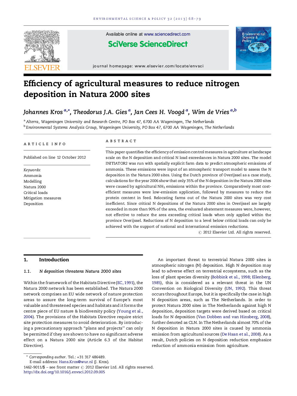 Efficiency of agricultural measures to reduce nitrogen deposition in Natura 2000 sites