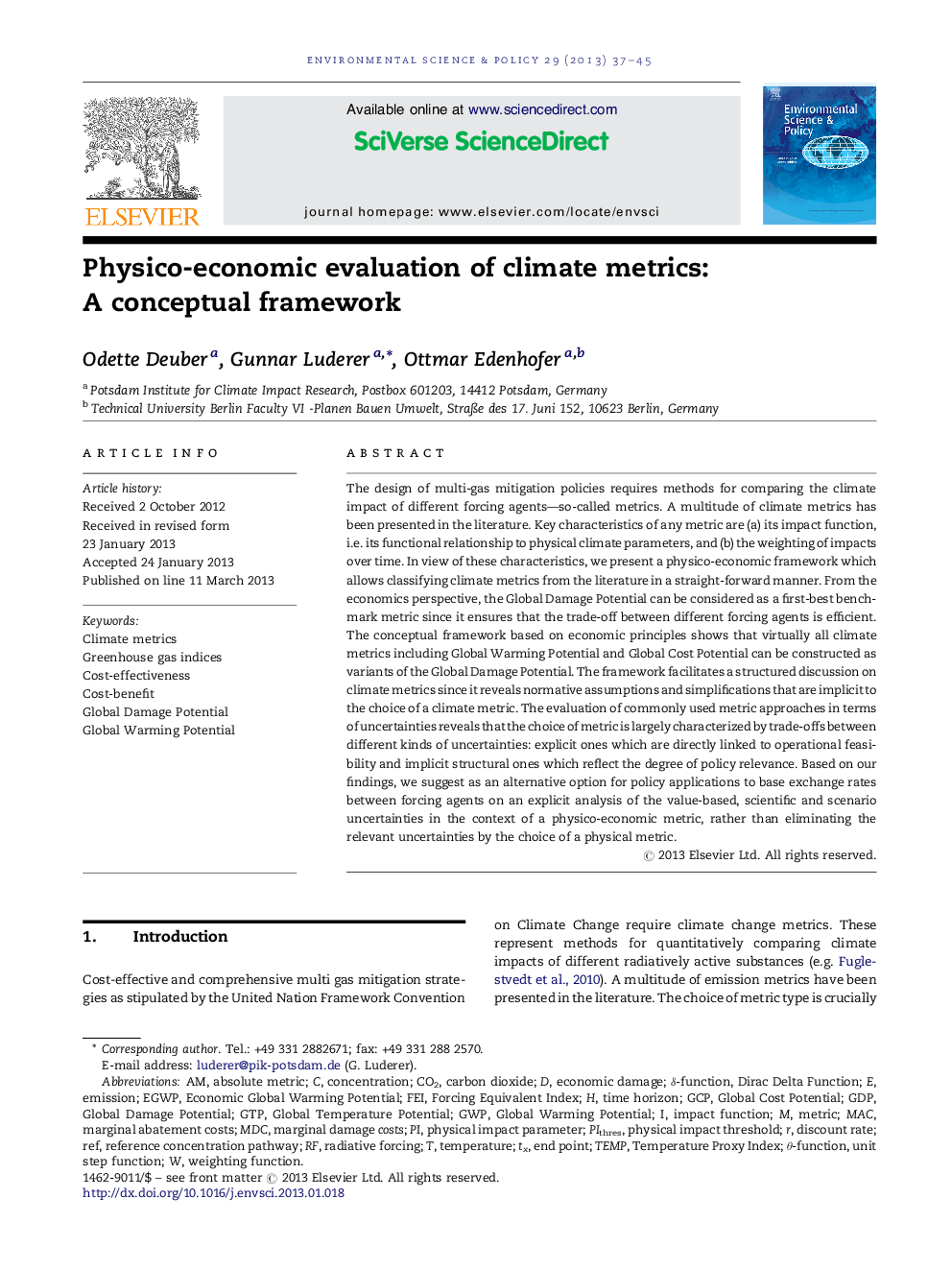 Physico-economic evaluation of climate metrics: A conceptual framework