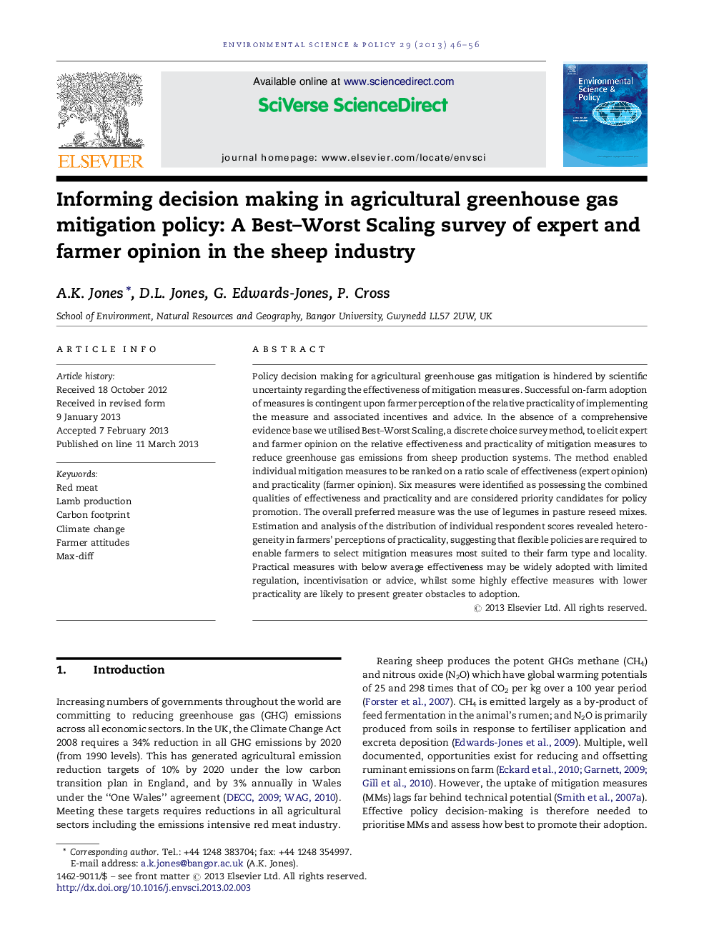 Informing decision making in agricultural greenhouse gas mitigation policy: A Best–Worst Scaling survey of expert and farmer opinion in the sheep industry