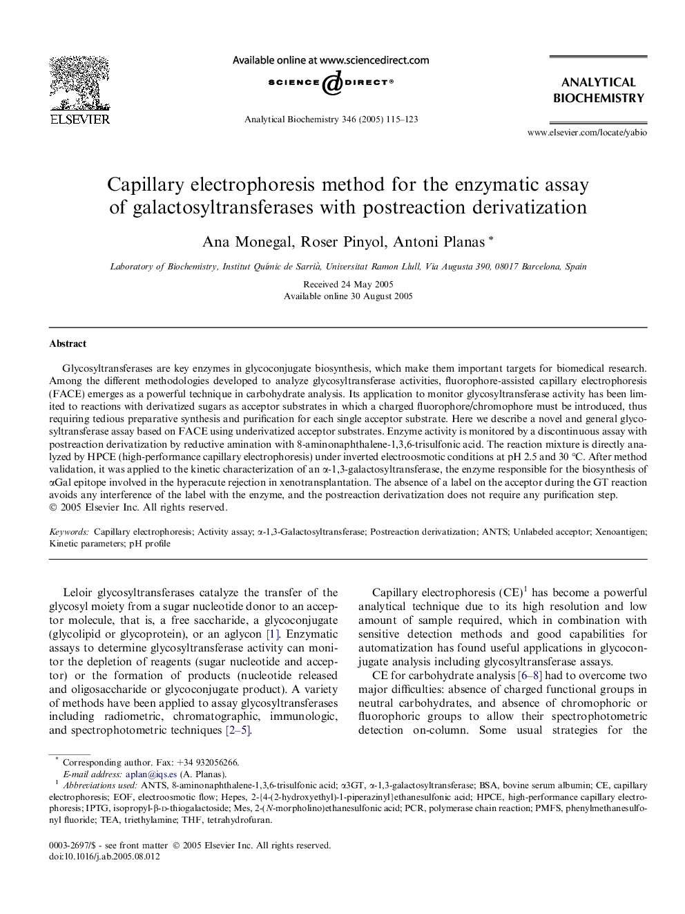 Capillary electrophoresis method for the enzymatic assay of galactosyltransferases with postreaction derivatization
