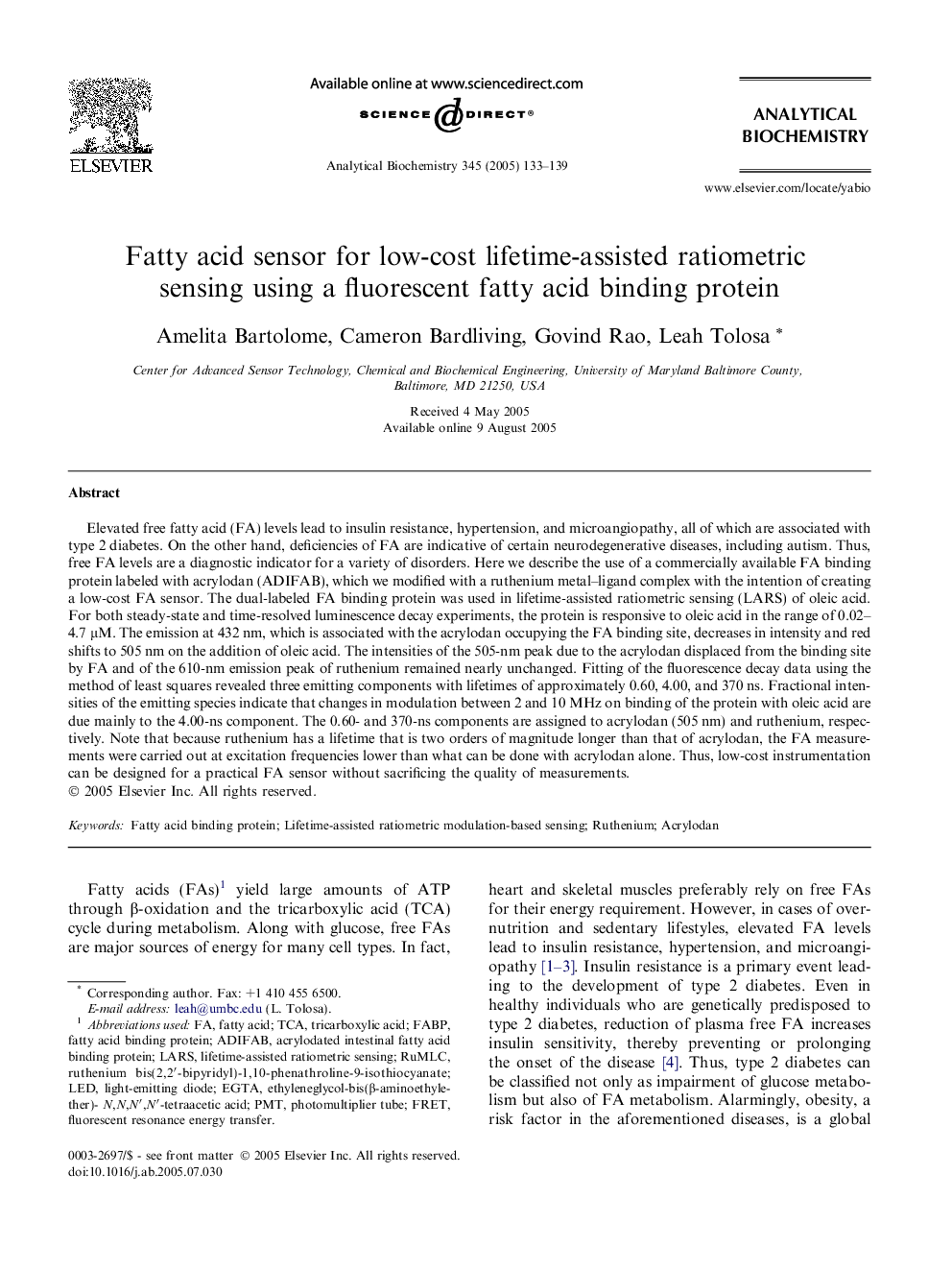 Fatty acid sensor for low-cost lifetime-assisted ratiometric sensing using a fluorescent fatty acid binding protein