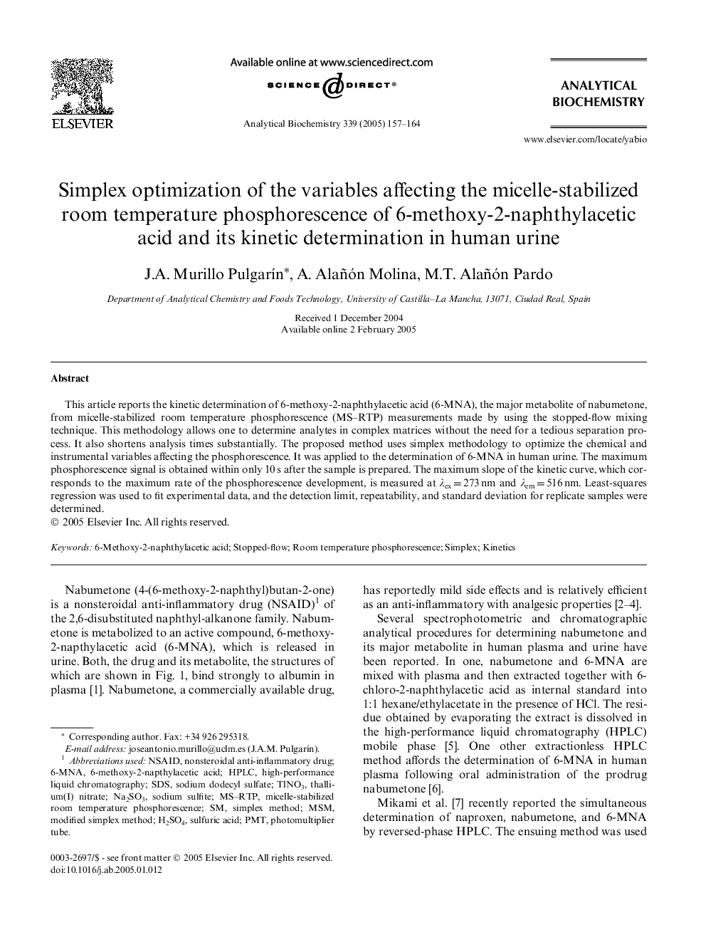 Simplex optimization of the variables affecting the micelle-stabilized room temperature phosphorescence of 6-methoxy-2-naphthylacetic acid and its kinetic determination in human urine