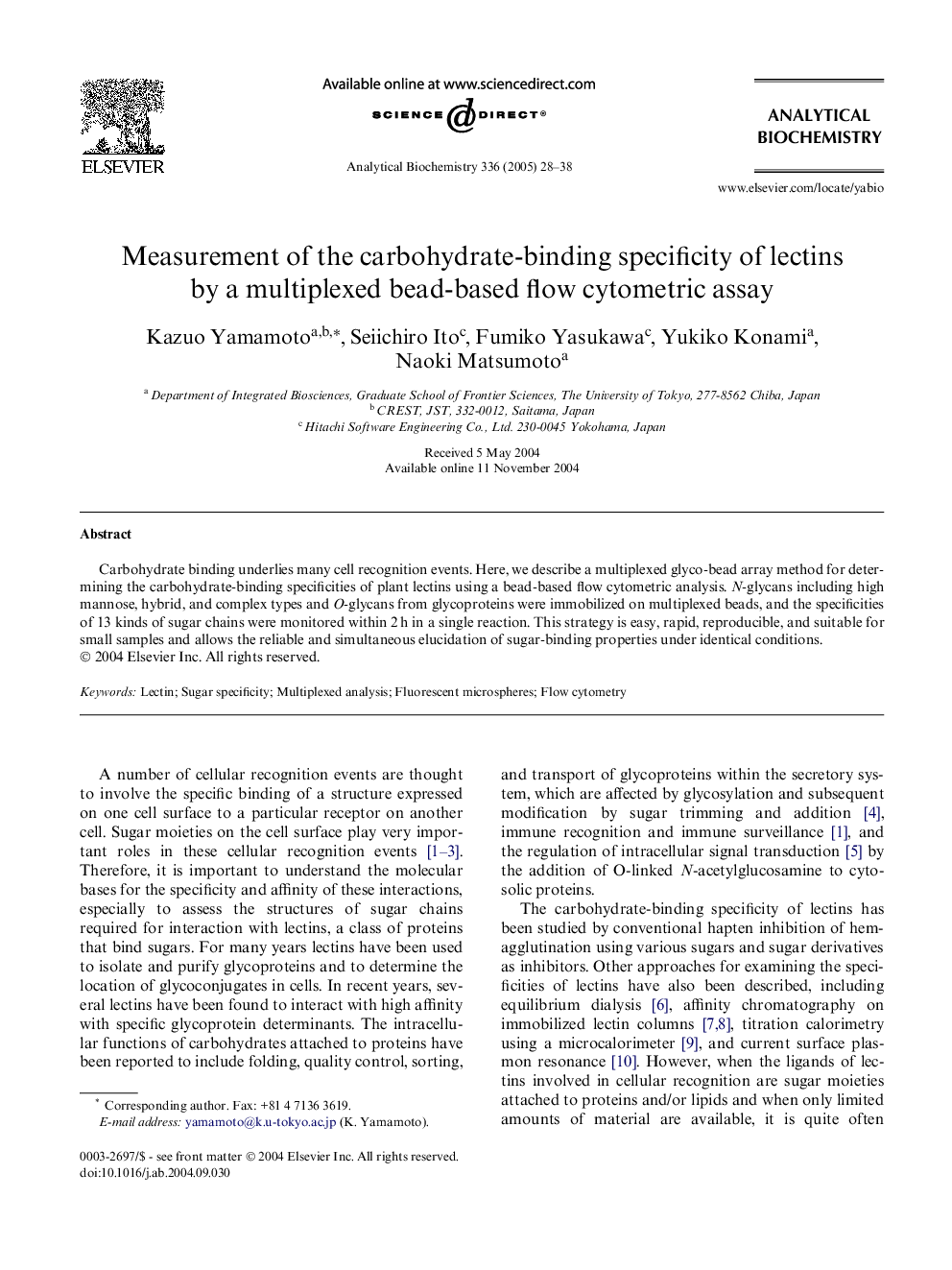 Measurement of the carbohydrate-binding specificity of lectins by a multiplexed bead-based flow cytometric assay