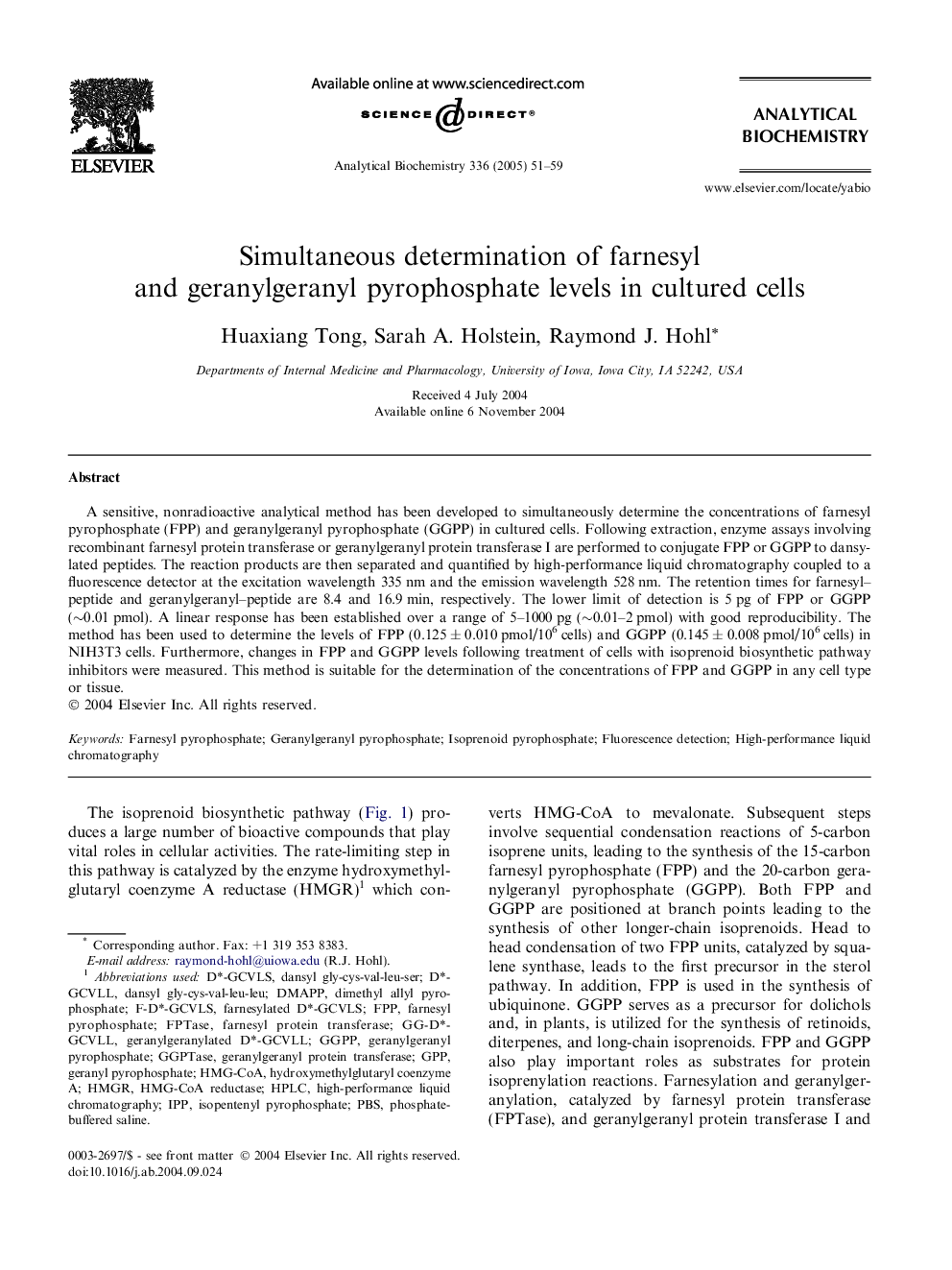 Simultaneous determination of farnesyl and geranylgeranyl pyrophosphate levels in cultured cells