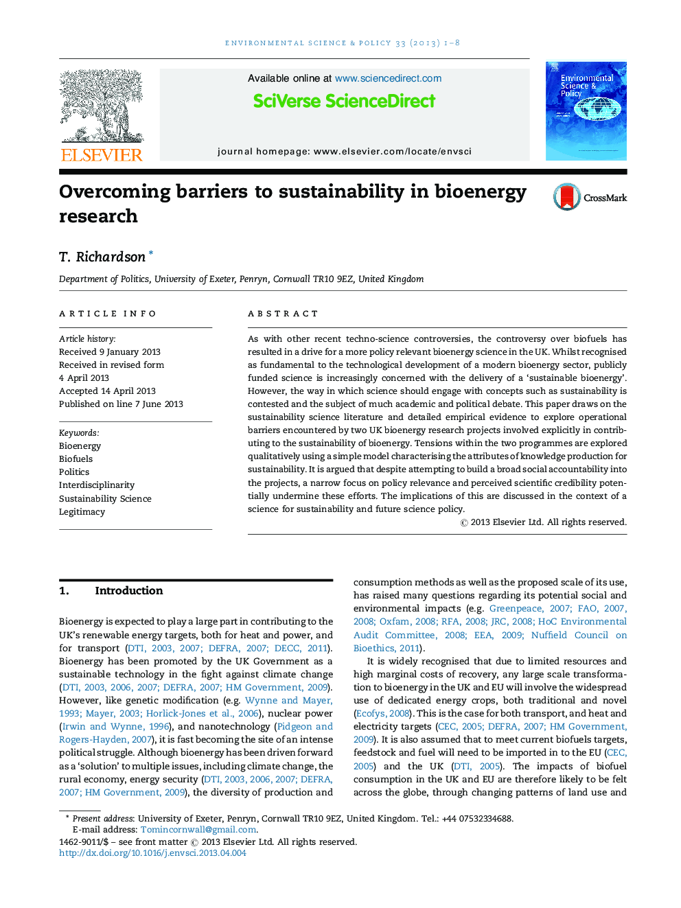 Overcoming barriers to sustainability in bioenergy research