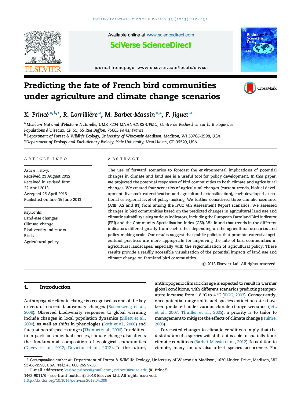 Predicting the fate of French bird communities under agriculture and climate change scenarios