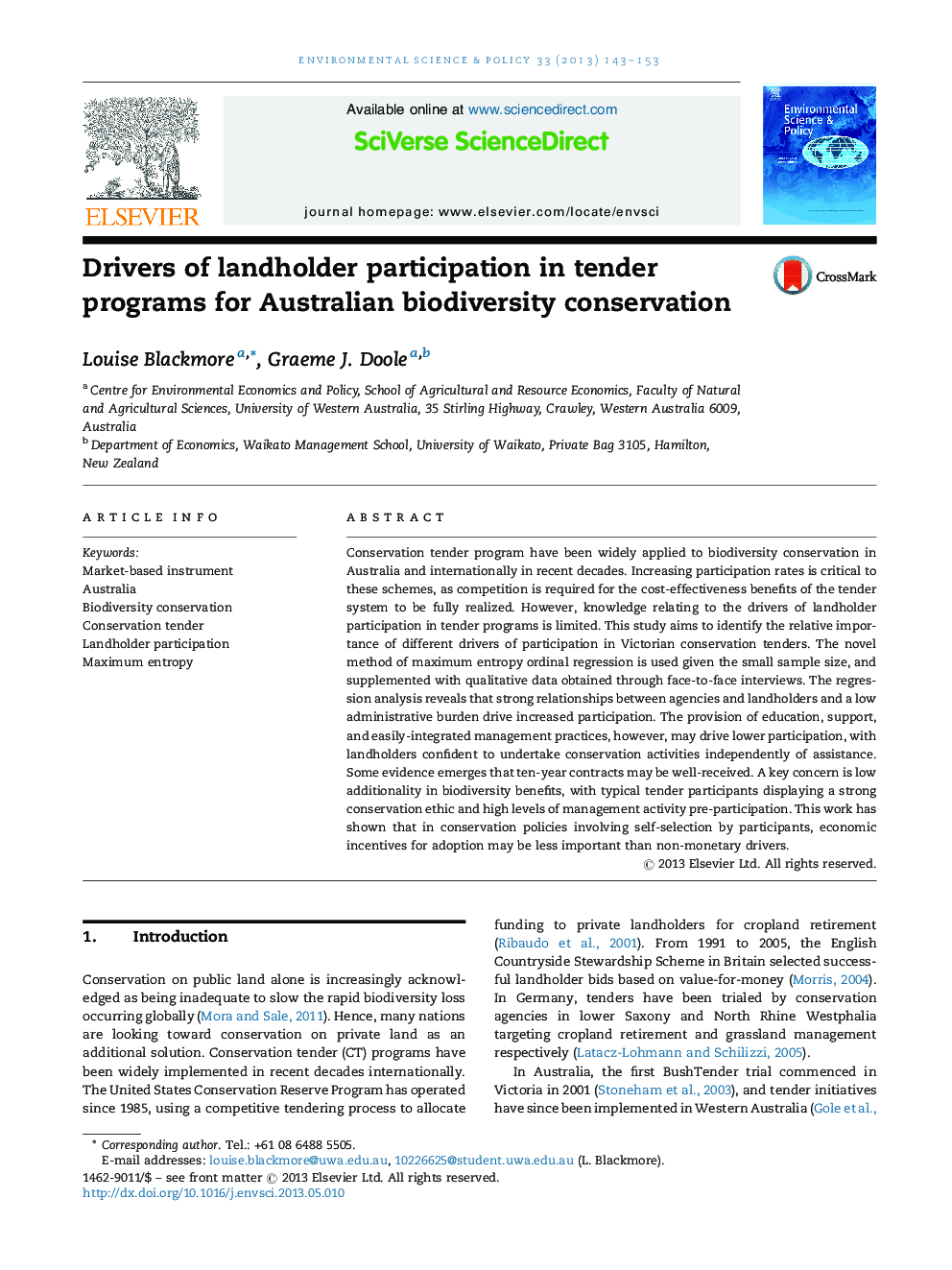 Drivers of landholder participation in tender programs for Australian biodiversity conservation