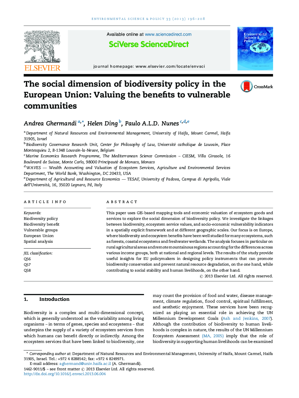 The social dimension of biodiversity policy in the European Union: Valuing the benefits to vulnerable communities