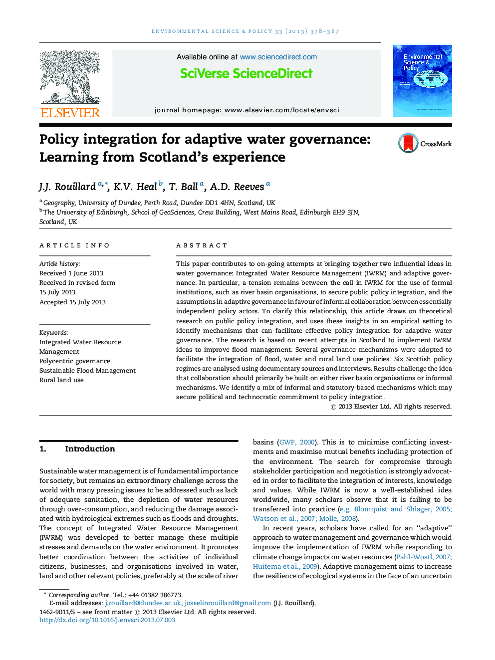 Policy integration for adaptive water governance: Learning from Scotland's experience