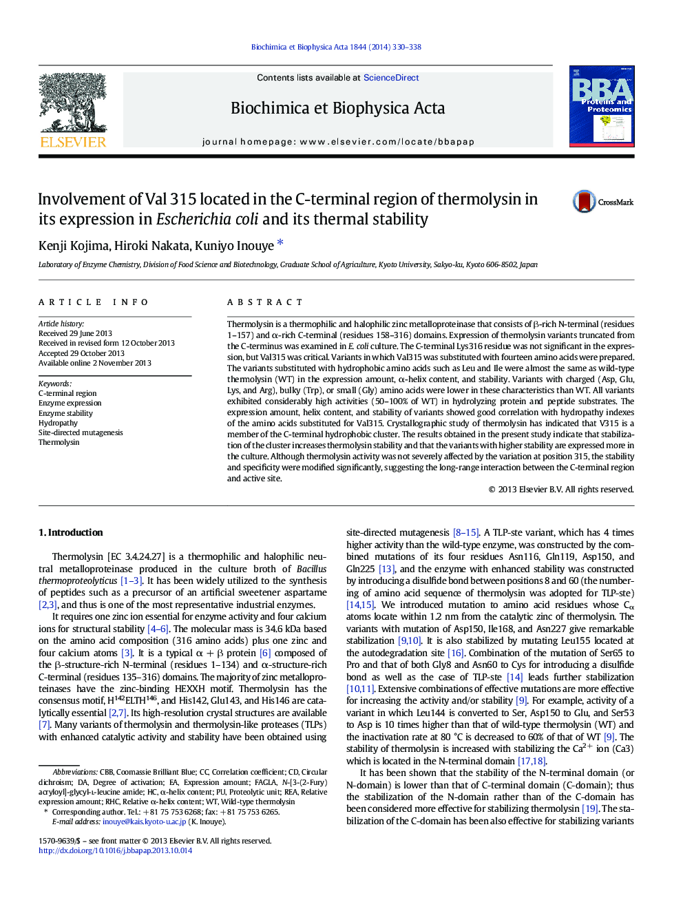 Involvement of Val 315 located in the C-terminal region of thermolysin in its expression in Escherichia coli and its thermal stability