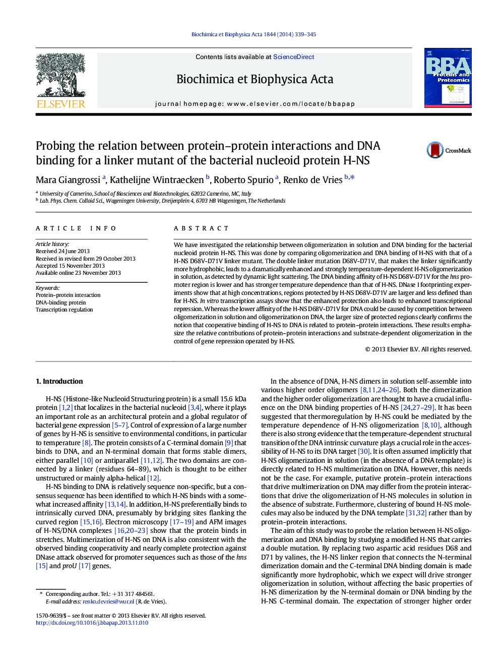 Probing the relation between protein-protein interactions and DNA binding for a linker mutant of the bacterial nucleoid protein H-NS