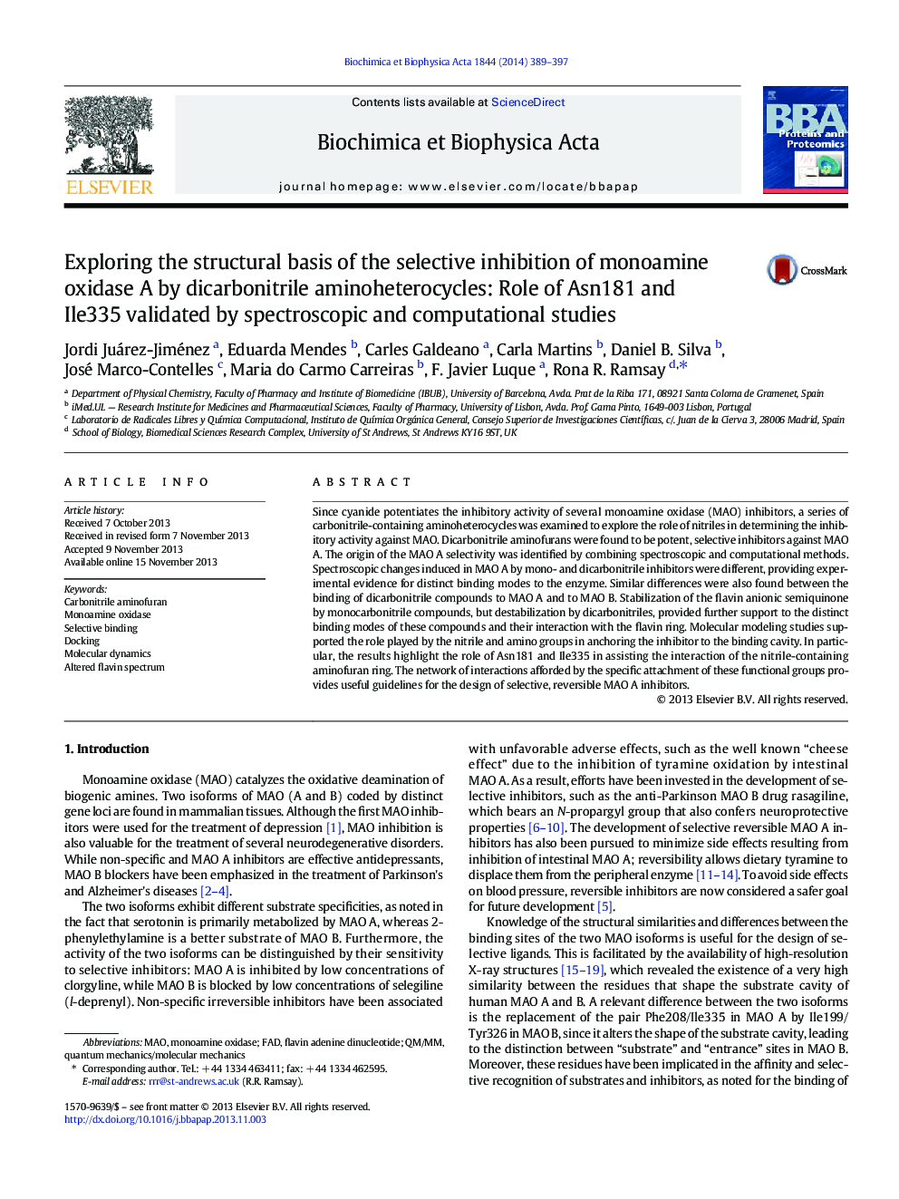 Exploring the structural basis of the selective inhibition of monoamine oxidase A by dicarbonitrile aminoheterocycles: Role of Asn181 and Ile335 validated by spectroscopic and computational studies