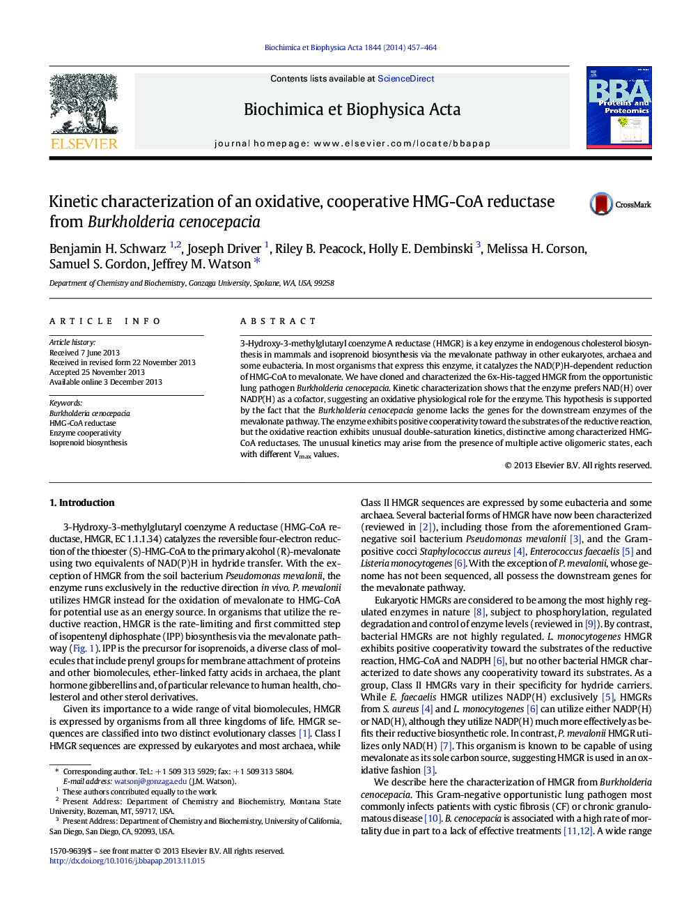 Kinetic characterization of an oxidative, cooperative HMG-CoA reductase from Burkholderia cenocepacia