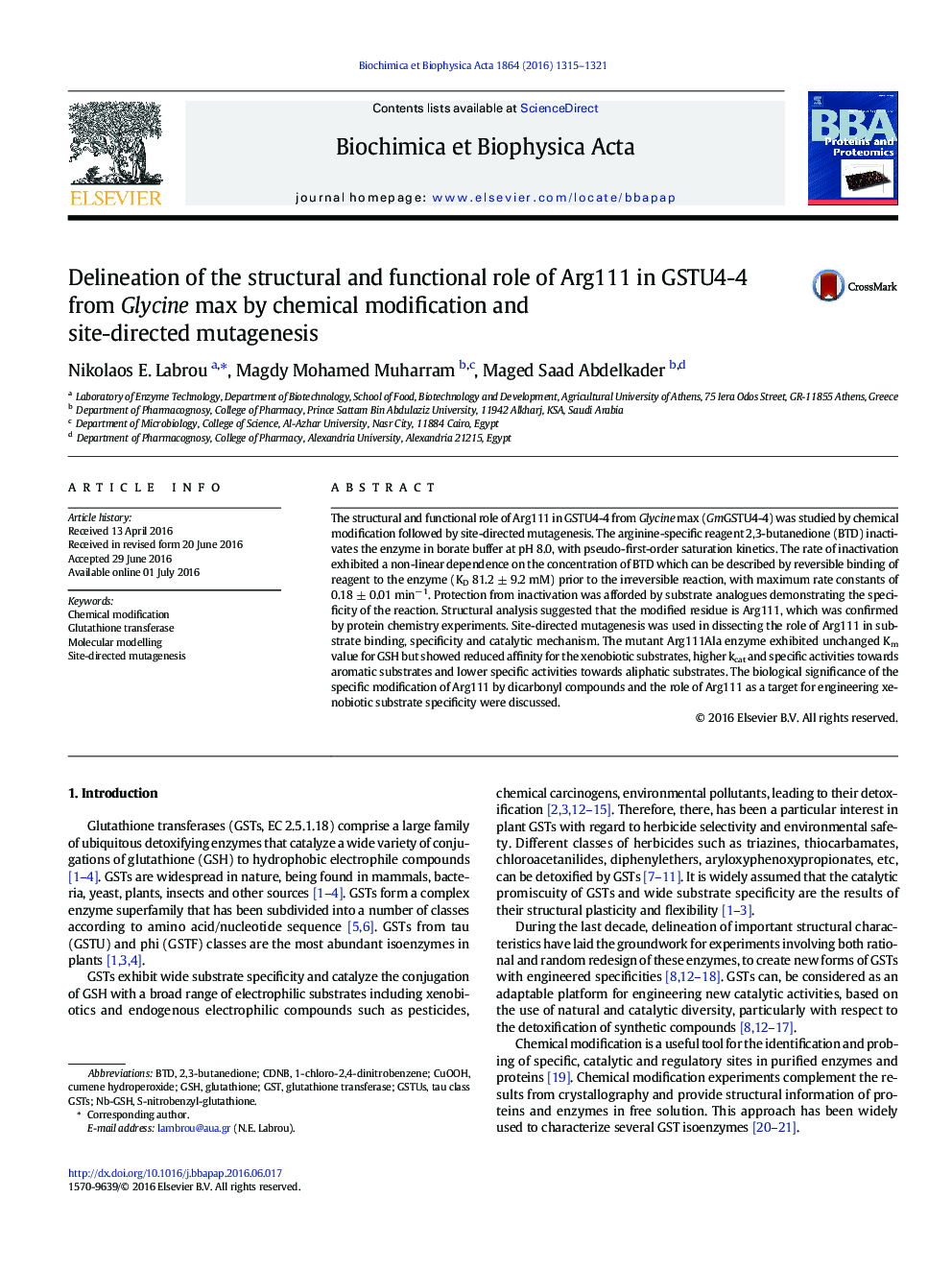 Delineation of the structural and functional role of Arg111 in GSTU4-4 from Glycine max by chemical modification and site-directed mutagenesis