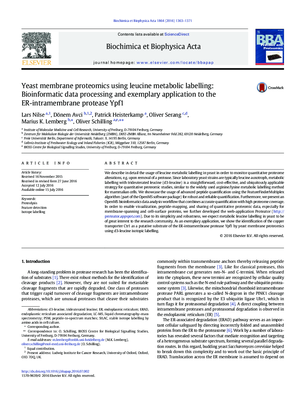 Yeast membrane proteomics using leucine metabolic labelling: Bioinformatic data processing and exemplary application to the ER-intramembrane protease Ypf1