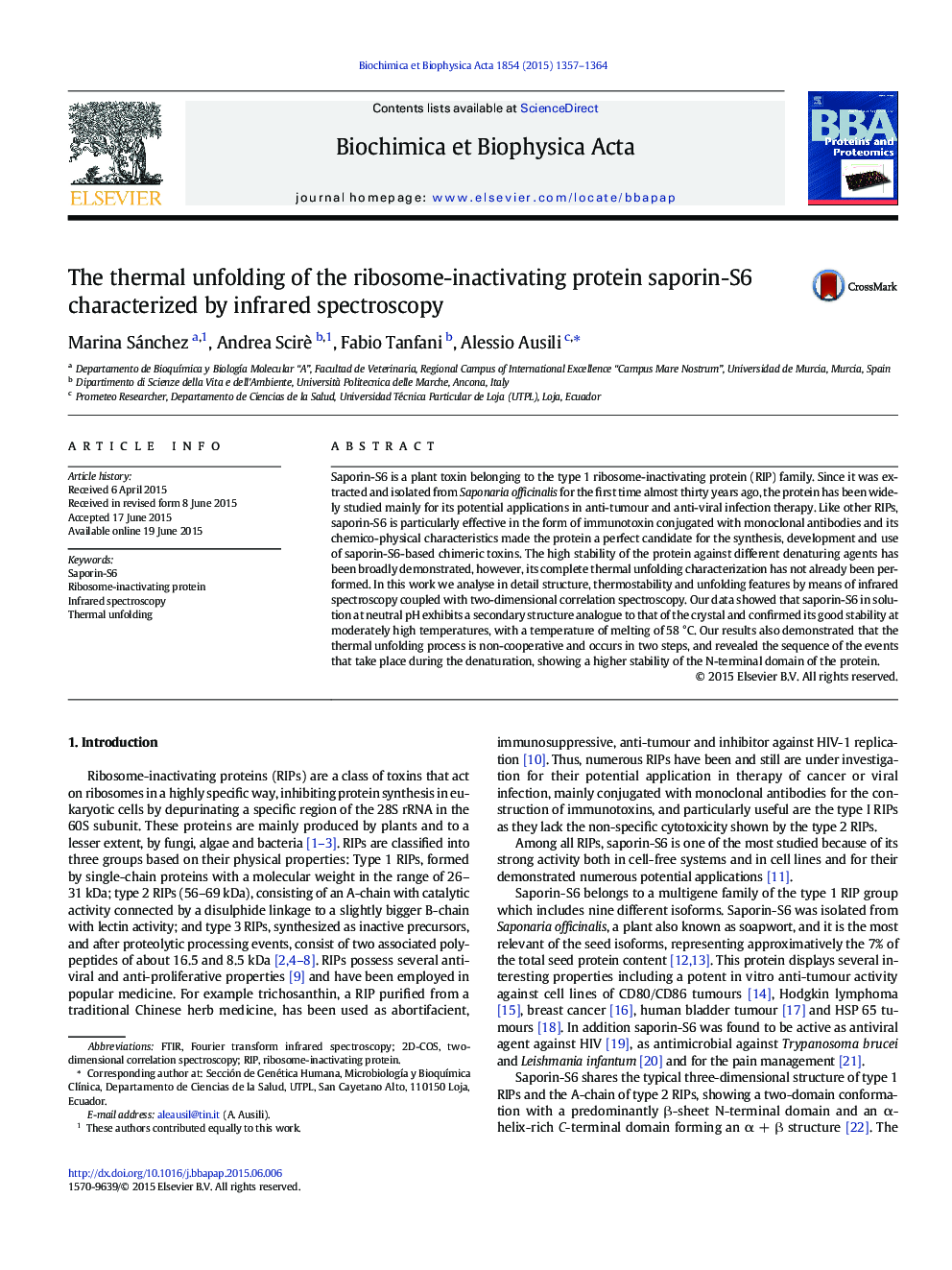 The thermal unfolding of the ribosome-inactivating protein saporin-S6 characterized by infrared spectroscopy