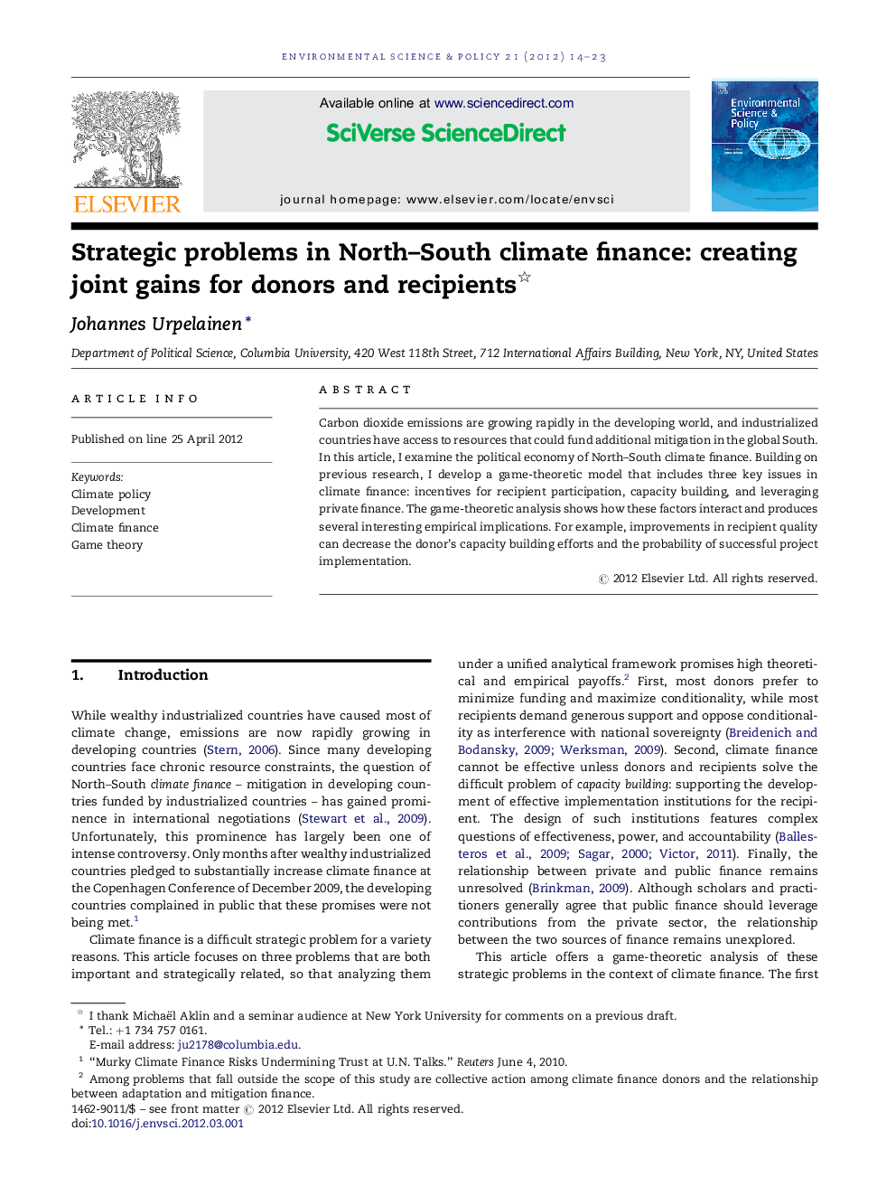 Strategic problems in North–South climate finance: creating joint gains for donors and recipients 