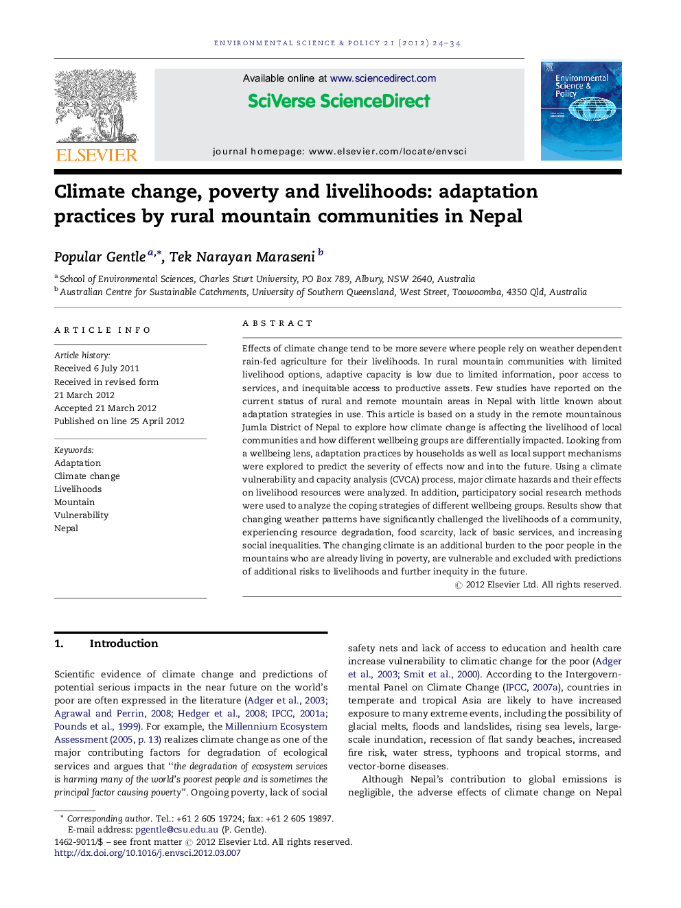 Climate change, poverty and livelihoods: adaptation practices by rural mountain communities in Nepal