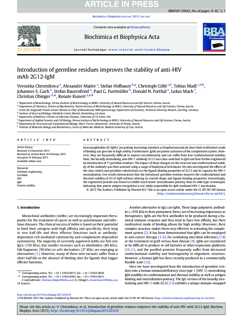 Introduction of germline residues improves the stability of anti-HIV mAb 2G12-IgM