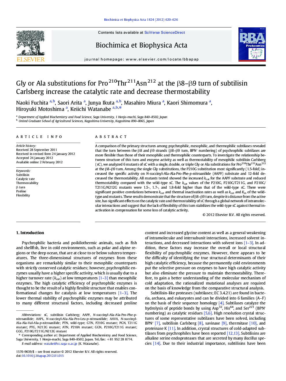 Gly or Ala substitutions for Pro210Thr211Asn212 at the Î²8-Î²9 turn of subtilisin Carlsberg increase the catalytic rate and decrease thermostability