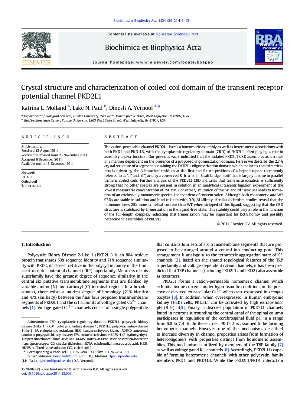 Crystal structure and characterization of coiled-coil domain of the transient receptor potential channel PKD2L1