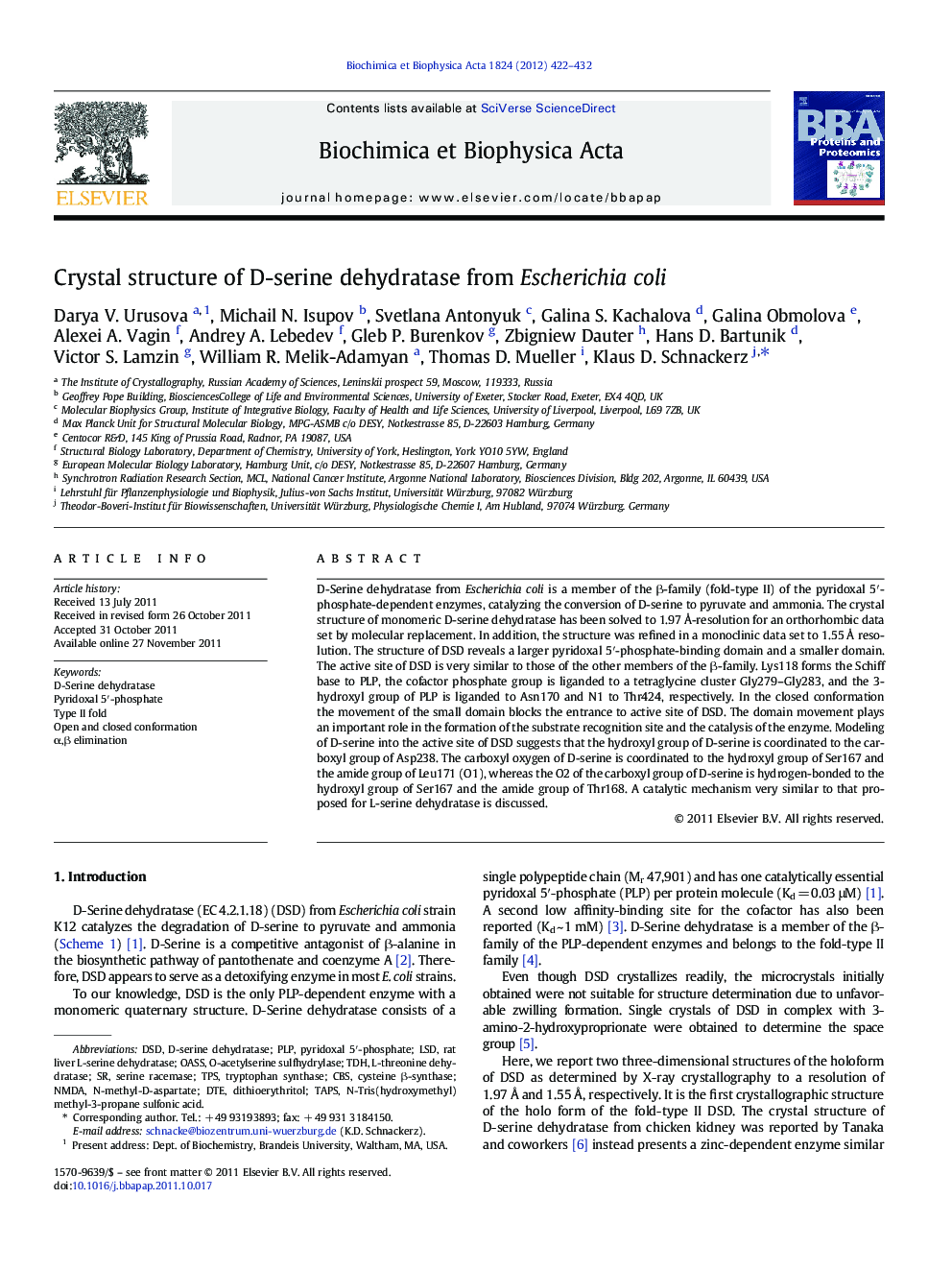 Crystal structure of D-serine dehydratase from Escherichia coli