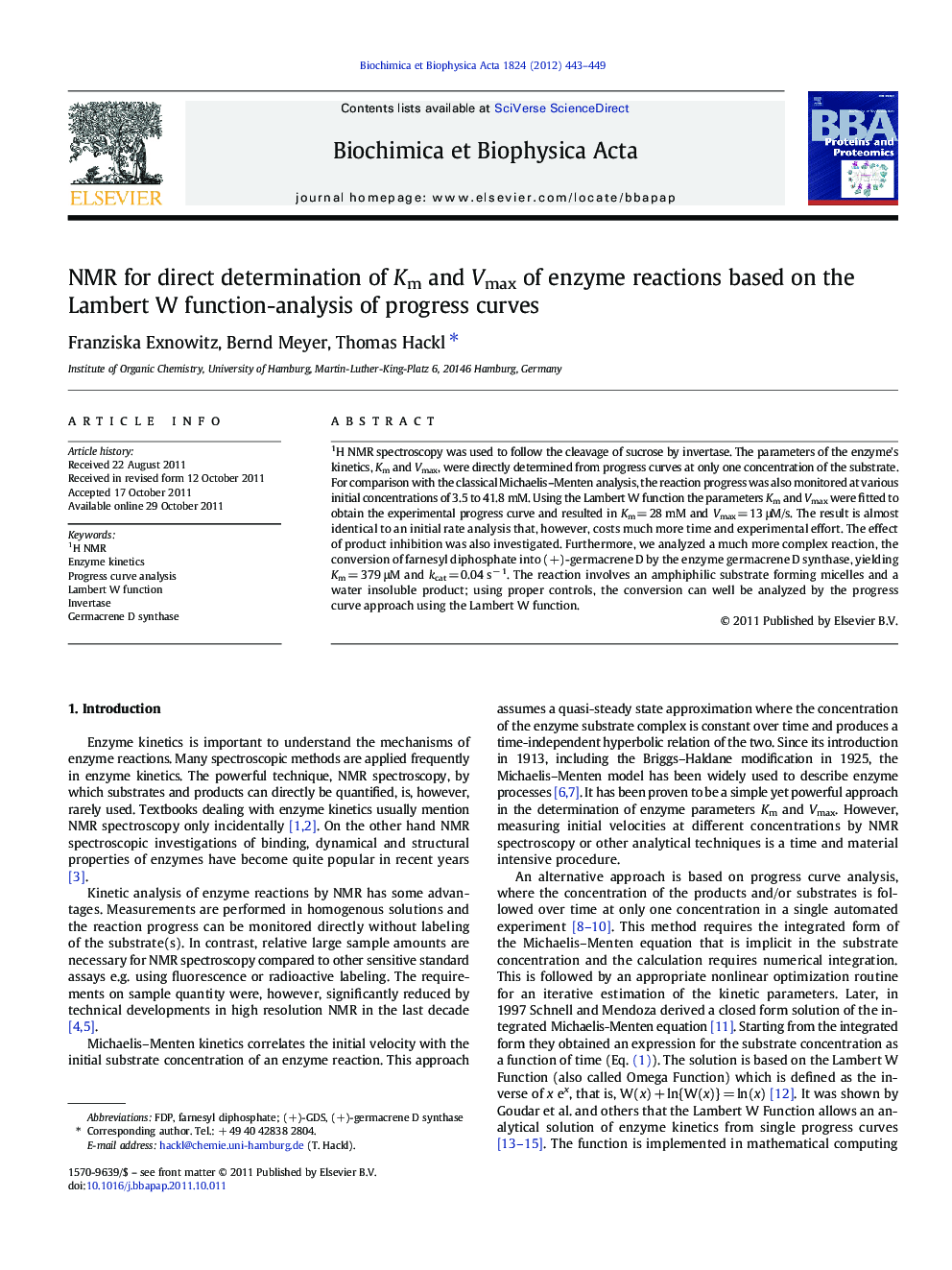 NMR for direct determination of Km and Vmax of enzyme reactions based on the Lambert W function-analysis of progress curves