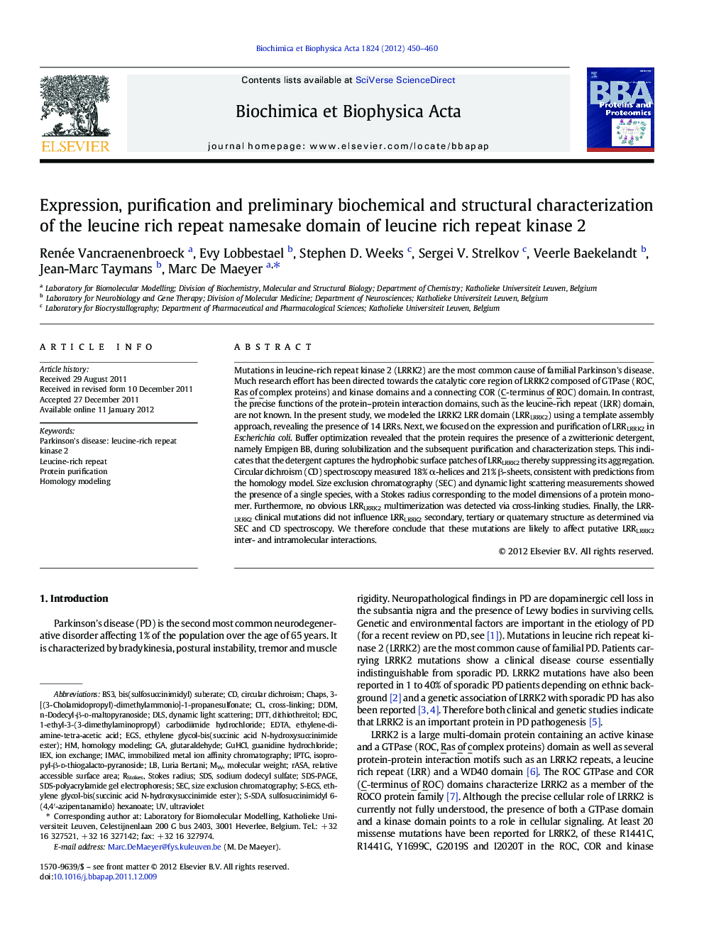 Expression, purification and preliminary biochemical and structural characterization of the leucine rich repeat namesake domain of leucine rich repeat kinase 2