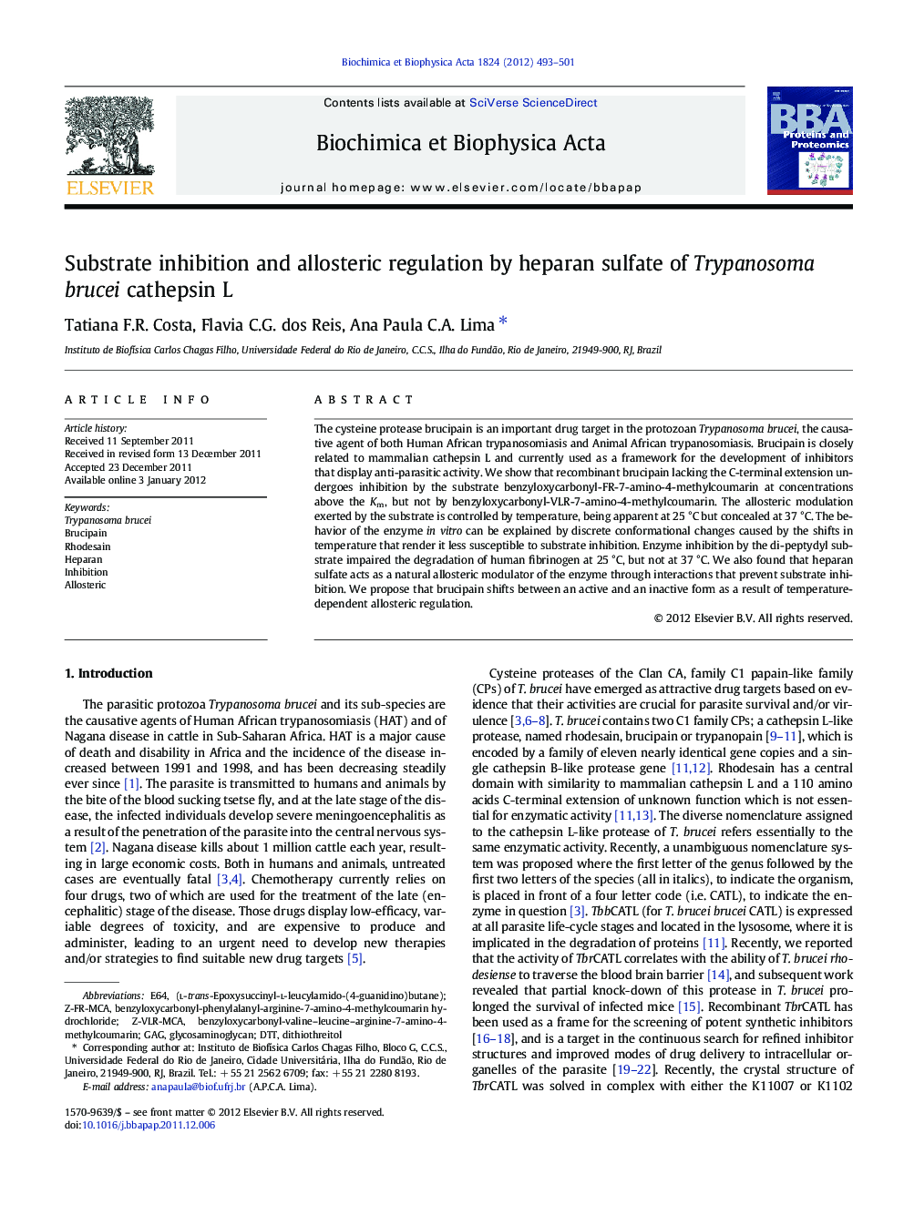 Substrate inhibition and allosteric regulation by heparan sulfate of Trypanosoma brucei cathepsin L