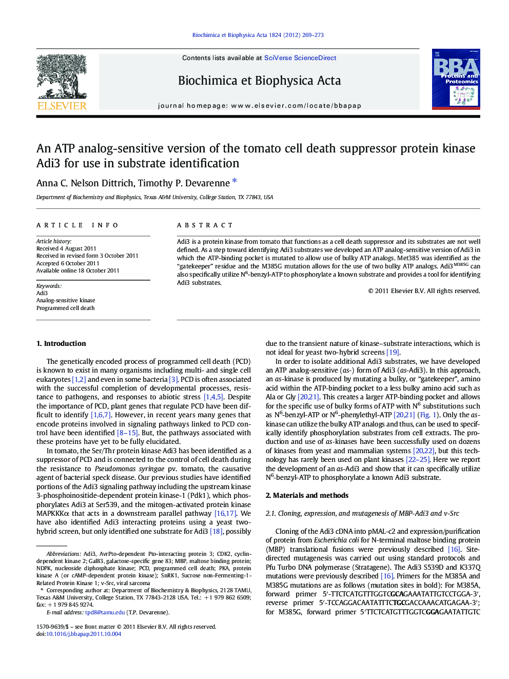 An ATP analog-sensitive version of the tomato cell death suppressor protein kinase Adi3 for use in substrate identification